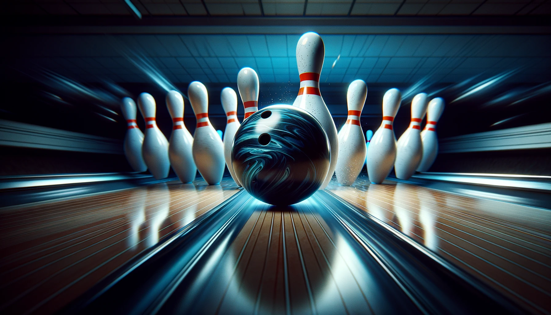 The exciting moment when a bowling ball strikes the pins. 