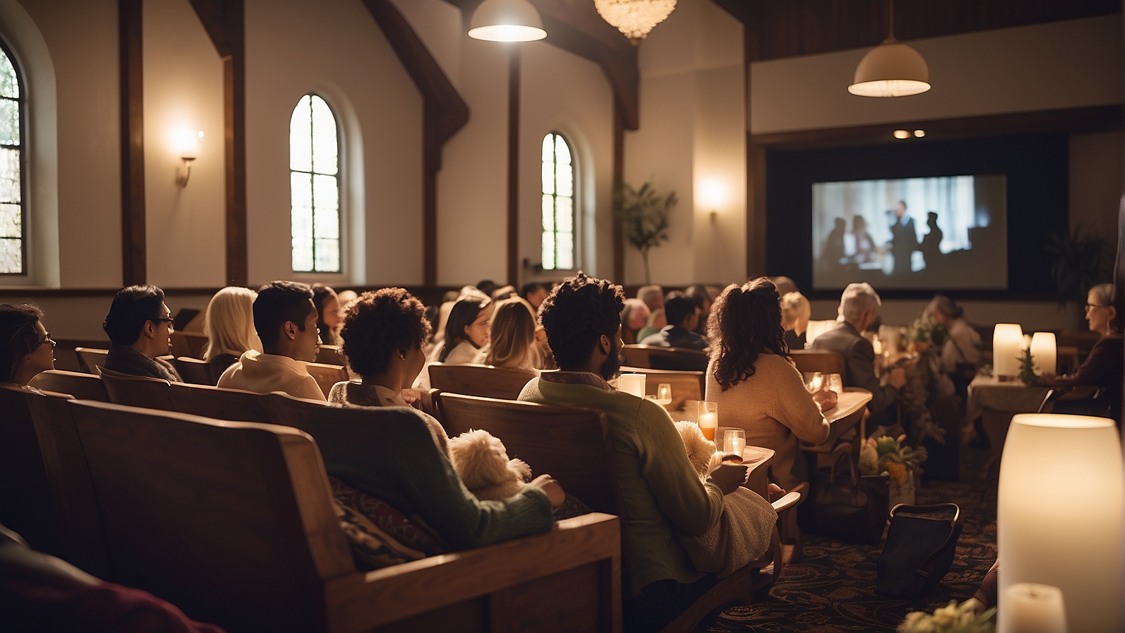 A movie night set within a small, intimate church room, focusing on the close-knit and warm atmosphere/