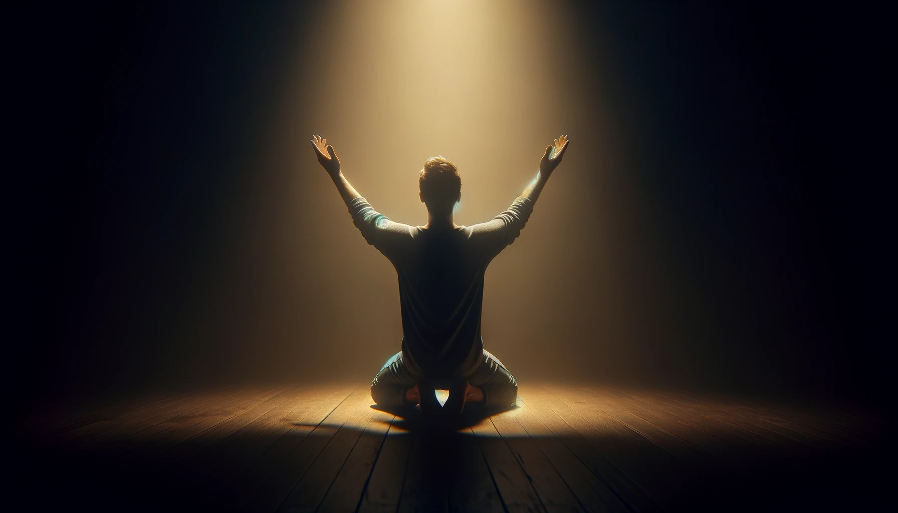A person kneeling with open hands facing upward, illuminated by a soft light. This composition emphasizes a moment of surrender, reflection, or prayer.