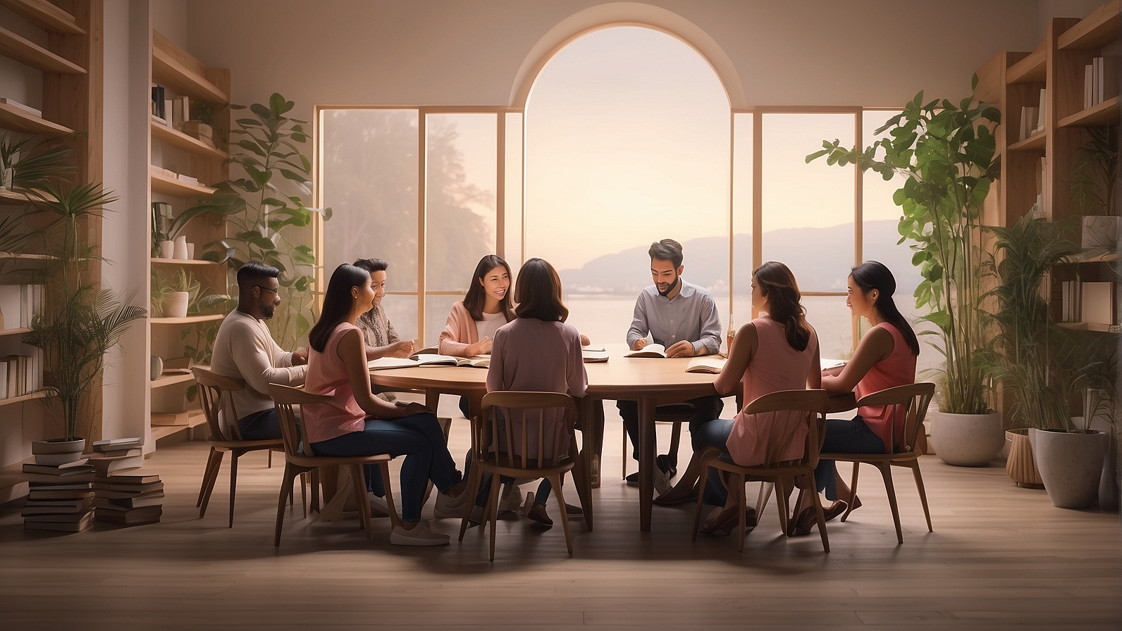 A group of people seated around a table in a casual meeting setting within a church or similar environment.