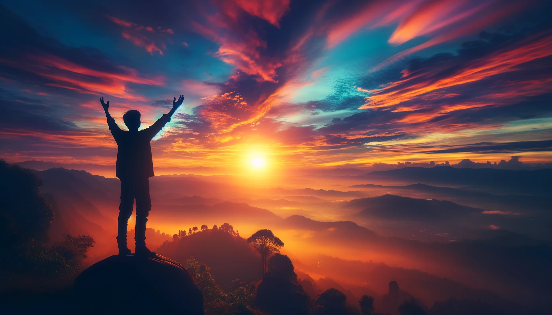 The silhouette of a person facing the sunrise with an arm raised in praise. The scene is imbued with vibrant colors of the dawn, symbolizing hope, renewal, and spiritual awakening.