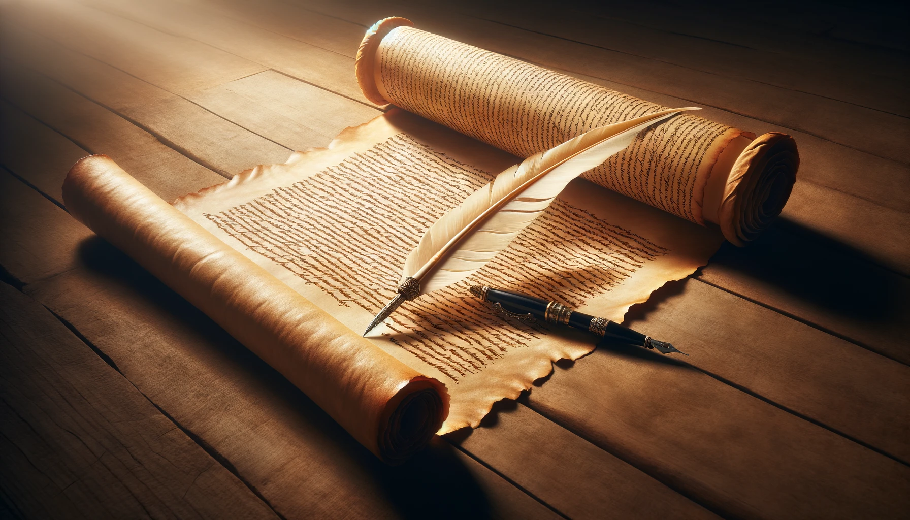 an unrolled scroll laying flat on a wooden table, with a classic quill pen resting on it.